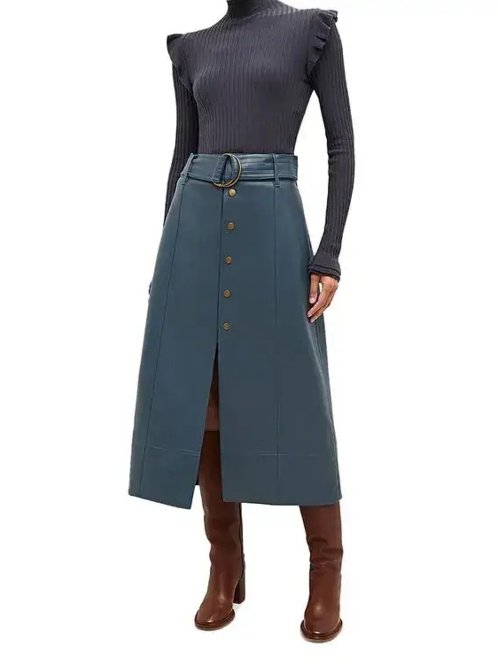 Marie Oliver Women's Space Blue Button-Front Midi Skirt with Belt Size 6